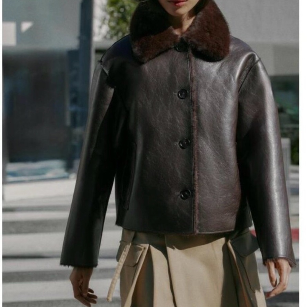 Zara Double sided jacket - faux fur and leather Dark Brown